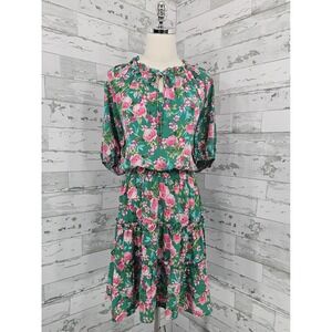Sugar Magnolia Womens Large Green Floral Smocked Tiered Dress